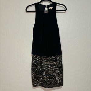 Aidan by Aidan Mattox Black Gold Sequins Sparkle Cocktail Mini Dress Size 2